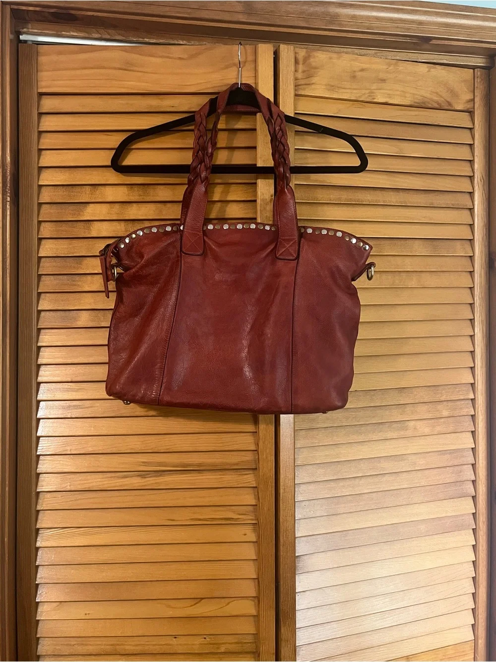 Leather Stud-Trim Tote with Braided Handles - Rust Red